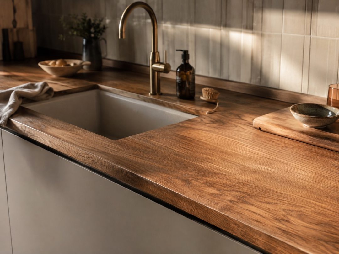 Cuisine avec plan de travail en bois, ambiance projet
