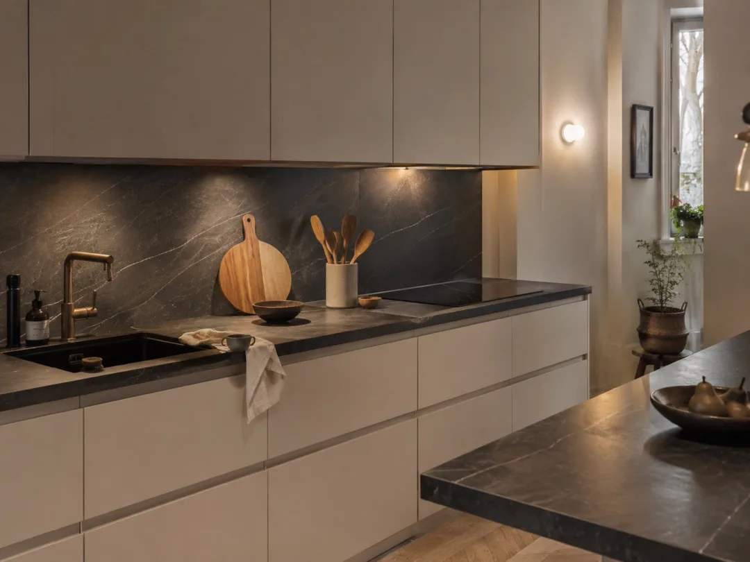 Een donker blad in een weinig lichte keuken